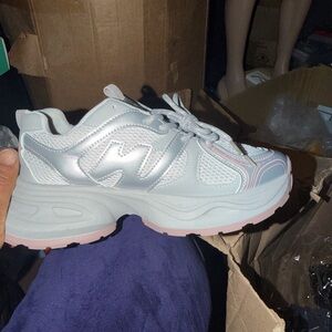 New Balance Light Gray and Pink Platform Sneakers
